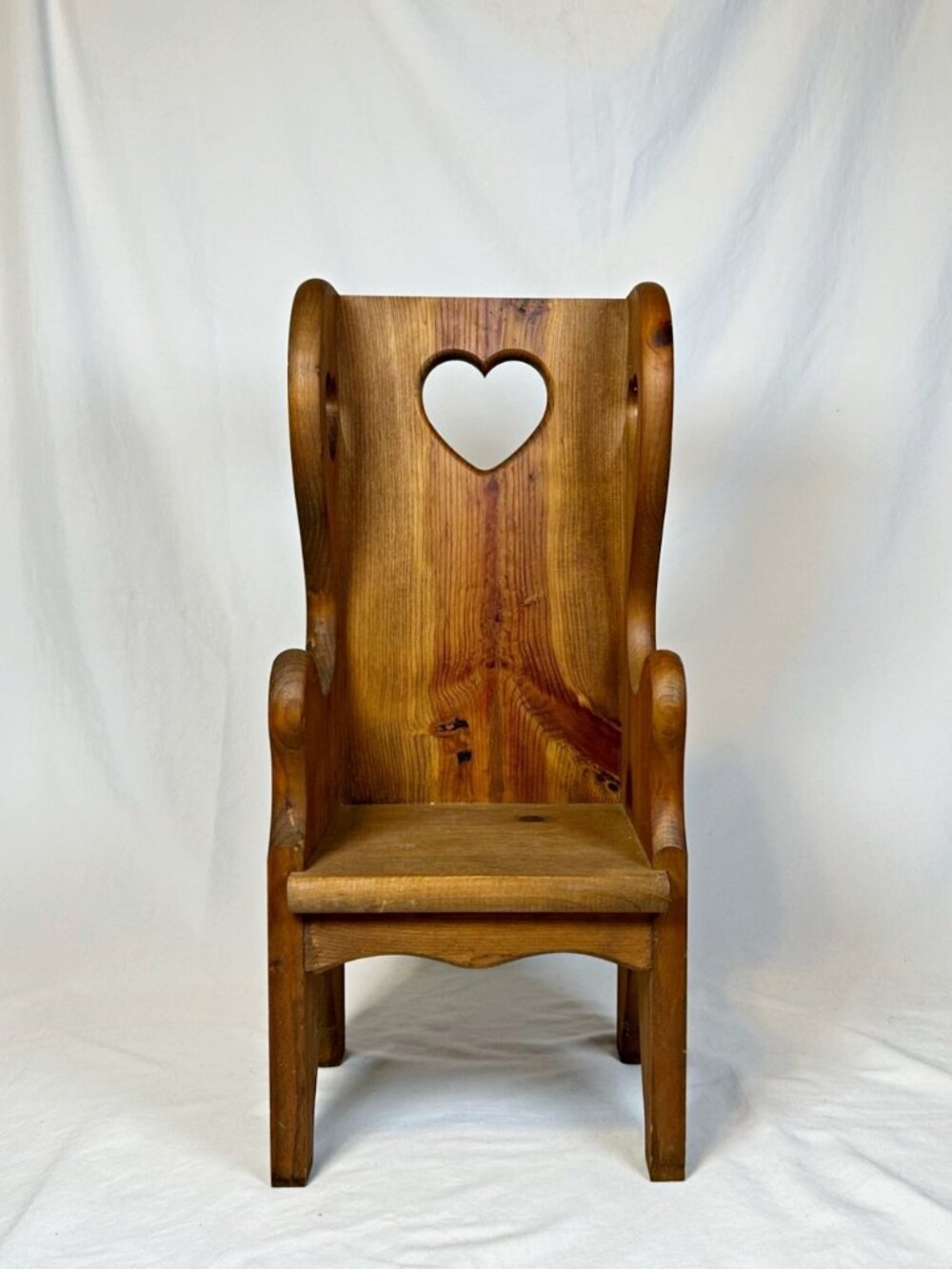 Vintage 80s Farmhouse Solid Wood Country Heart Cut Out Doll Chair